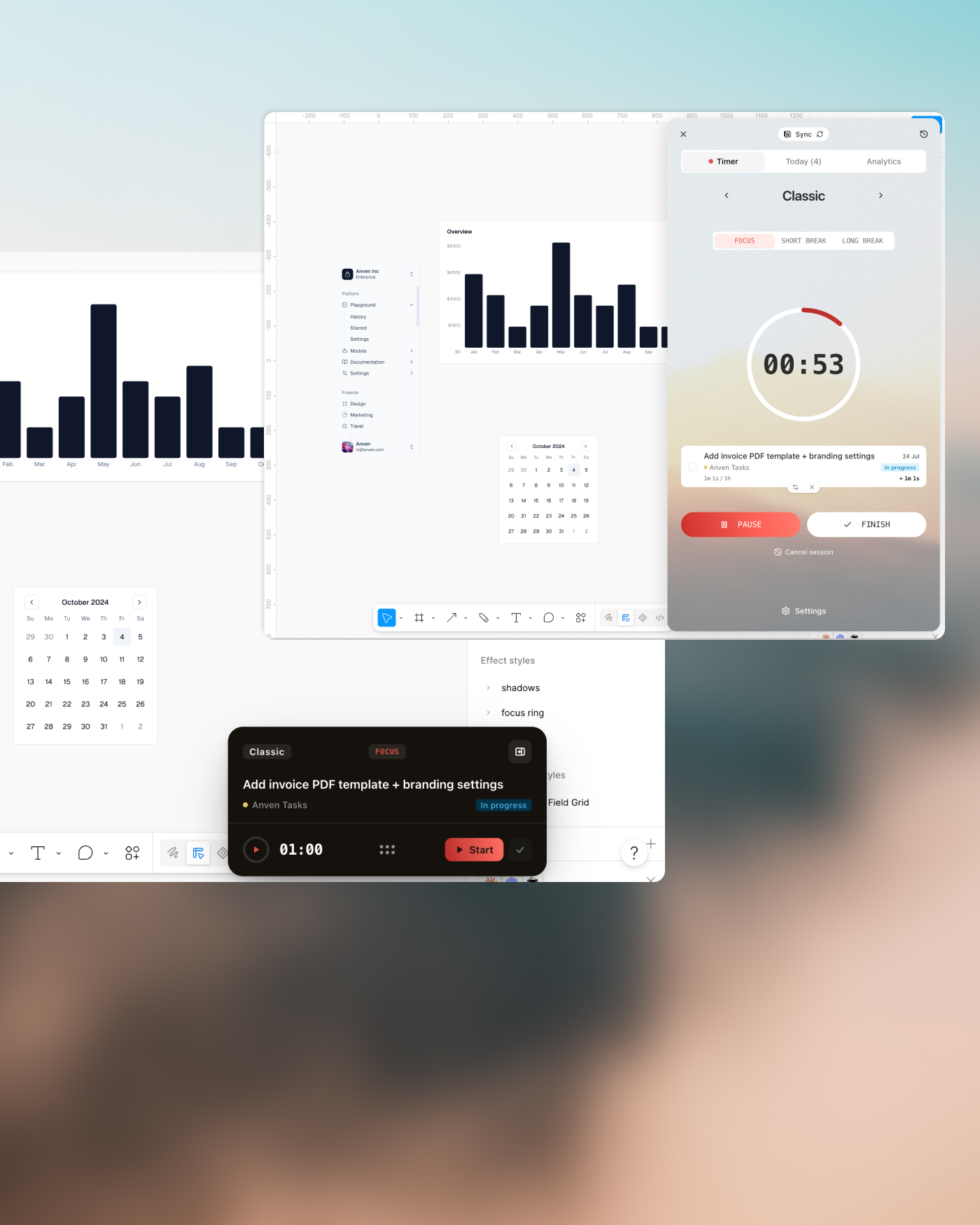 The Flowtion timer and floating pill running on top of a Figma canvas